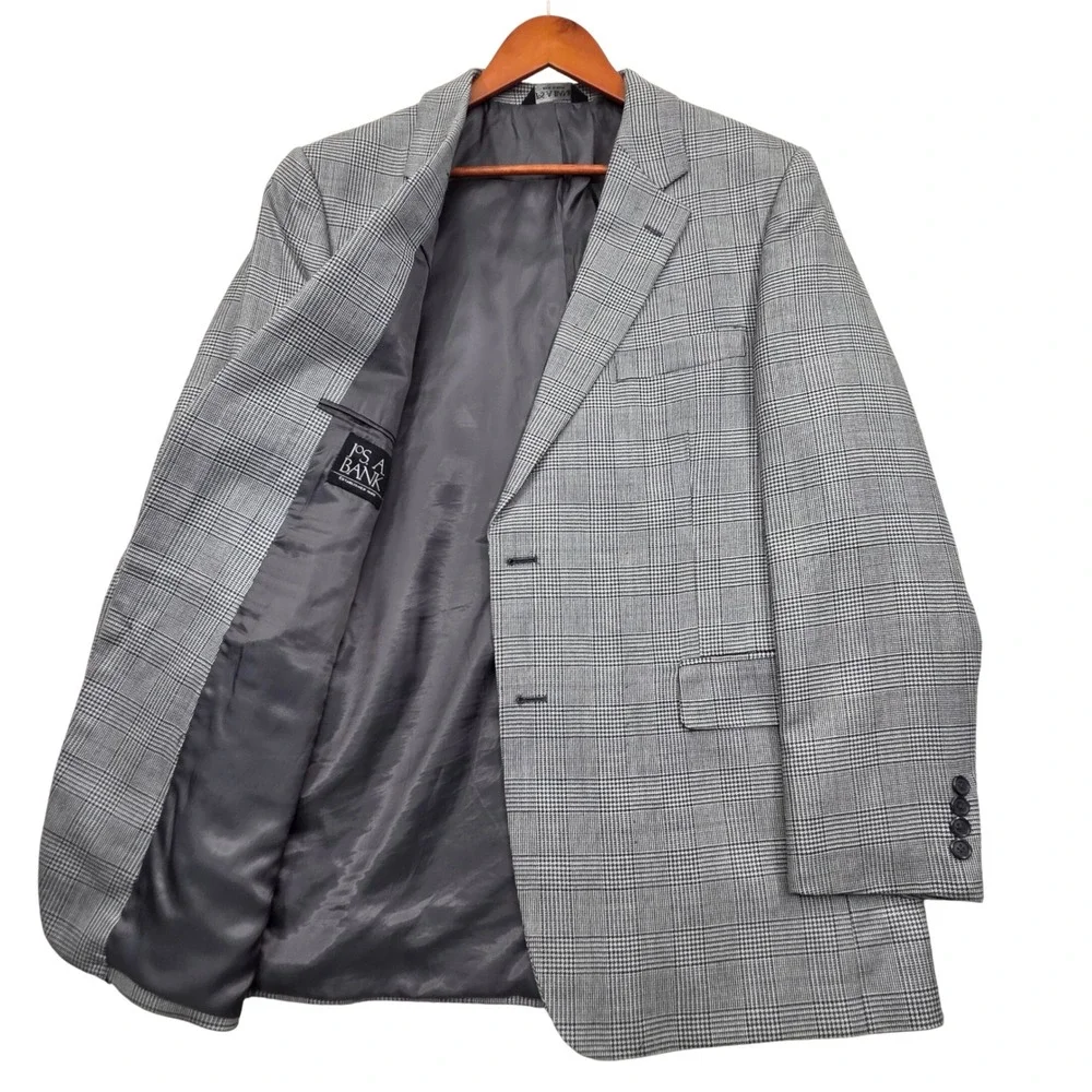 Jos A Bank Mens 46R Blazer Silk Wool Blend‎ Glen Plaid Gray Sport Coat 2 Button